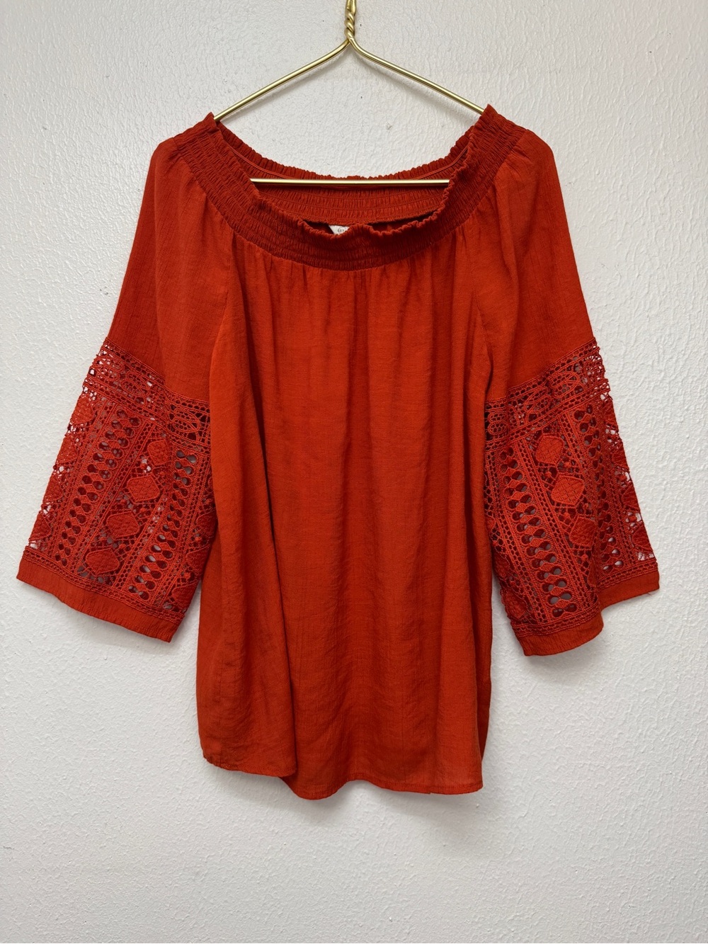 Cato Off-Shoulder Crochet Sleeve Top - Rust XL